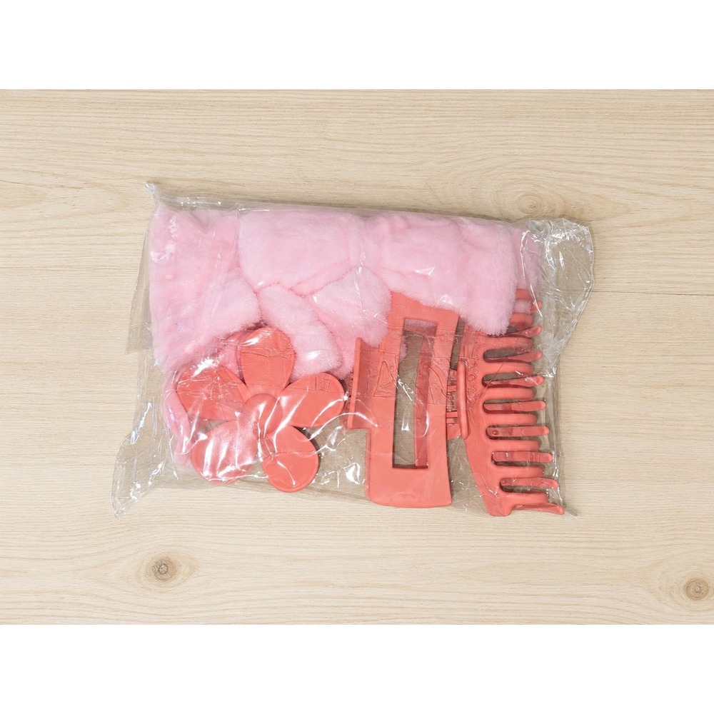 Pink Hair Accessory Set Hair Claw & Flower Clip Spa Headband & Wrist Wash Bands